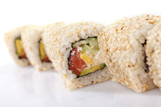 traditional fresh japanese sushi rolls isolated on white background