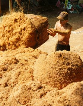 BEN TRE, VIET NAM- JUNE1: Asian worker work hard outdoor on day, Vietnamese man transfer material from coconut fiber industry, tradition product from coconut area, Mekong Delta, Vietnam, June 1, 2015