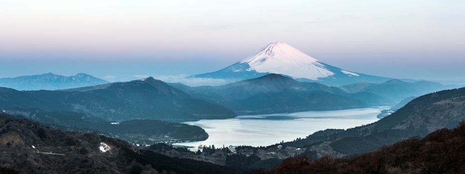 Panorama Mountain Fuji in winter sunrise at Hakone Lake