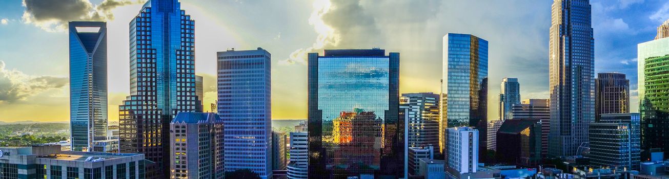 sunset over charlotte city skyline of north carolina