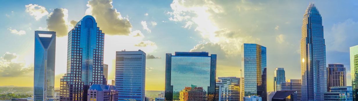 sunset over charlotte city skyline of north carolina