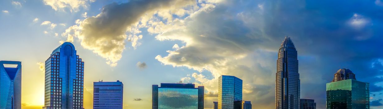 sunset over charlotte city skyline of north carolina