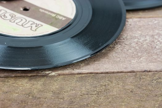 Close up of old vinyl single records