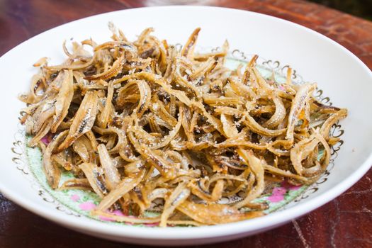 Deep Fried Minnow Fish with Salt and Sugar Stock Photo