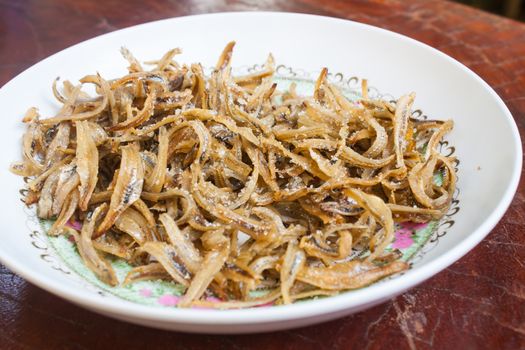 Deep Fried Minnow Fish with Salt and Sugar Stock Photo