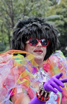 SAO PAULO, BRAZIL - June 7, 2015: An unidentified Drag Queen dressed in traditional costume celebrating lesbian, gay, bisexual, and transgender culture in the 19º Pride Parade Sao Paulo.