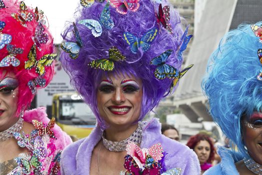 SAO PAULO, BRAZIL - June 7, 2015: An unidentified Drag Queen dressed in traditional costume celebrating lesbian, gay, bisexual, and transgender culture in the 19º Pride Parade Sao Paulo.