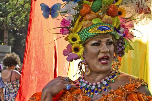 SAO PAULO, BRAZIL - June 7, 2015: An unidentified Drag Queen dressed in traditional costume celebrating lesbian, gay, bisexual, and transgender culture in the 19º Pride Parade Sao Paulo.