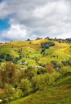 Summer morning mountain village view