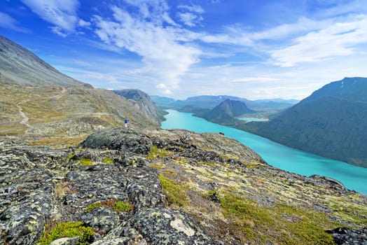 Backpacker at Besseggen ridge at Jotunheimen national park, Norway