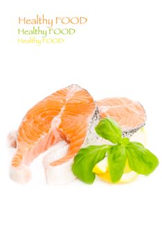 Salmon cuts with basil and lemon isolated on white copy space