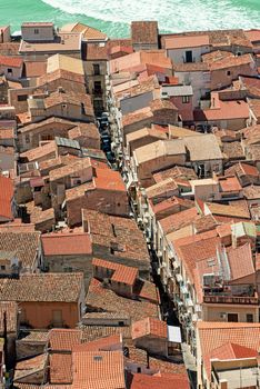 View on the Cathedral Square of Cefalu from the mountain over the city, Sicily