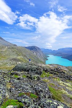 Backpacker at Besseggen ridge at Jotunheimen national park, Norway