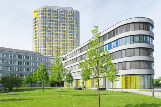 Munich, Germany - May 12, 2015: ADAC club is an automobile association for emergency medical assistance and technical repair services on European roads. This new office building and modern headquarters in Munich.
