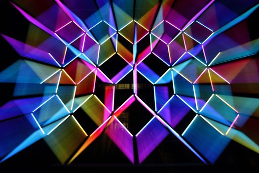 SYDNEY, AUSTRALIA - JUNE 8, 2015;  Ordered Chaos is a set of led tubes that flicker and change colour at random, in The Rocks, during Vivid Sydney annual event. Artist: AJdesignCo.