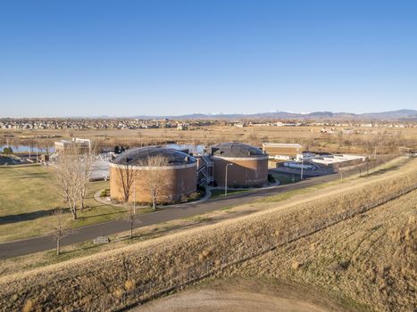 FORT COLLINS, CO, USA - MARCH 28, 2015: Aerial view of biotowers in Drake Water Reclamation Facility, one of city waste water treatment plants,