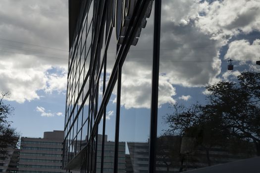 A building with reflecting windows