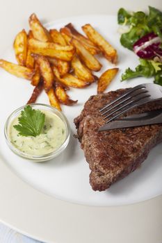 slices of beef steak with fries