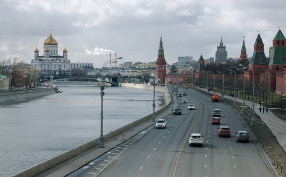Kremlin Embankment in Moscow in cloudy weather in spring