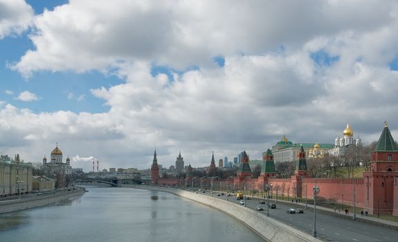 Kremlin Embankment in Moscow in cloudy weather in spring