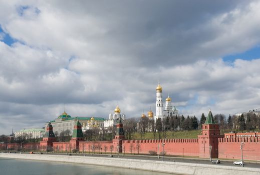 Kremlin Embankment in Moscow in cloudy weather in spring