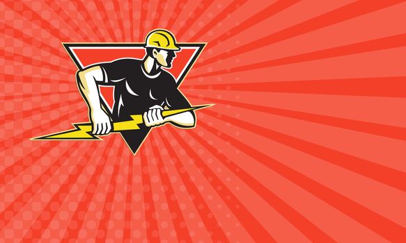 Business card showing illustration of an electrician construction worker holding a lightning bolt set inside triangle done in retro style in isolated white background.
