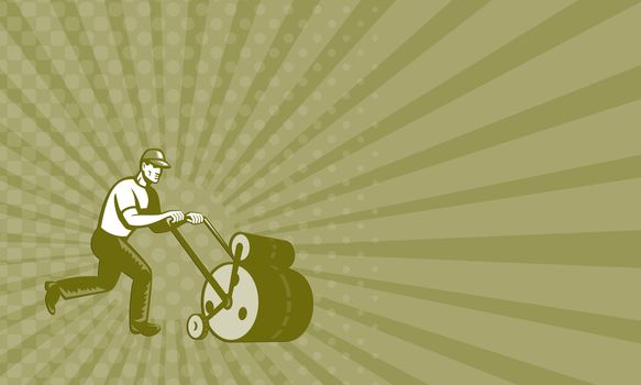Business card showing illustration of retro style male gardener walking pushing lawn roller viewed from side on blue screen background.