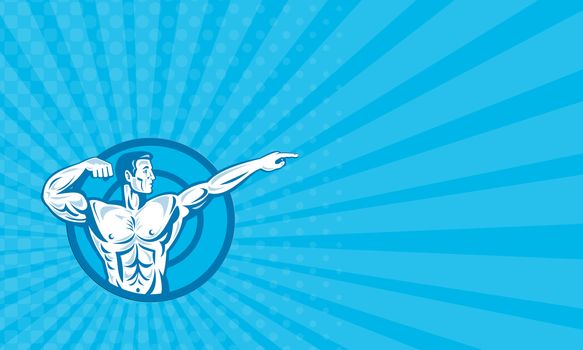 Business card showing llustration of a bodybuilder training exercise flexing muscle pointing viewed from the side set inside circle done in retro style.
