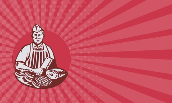 Business card showing retro style illustration of a butcher cutter worker with meat cleaver knife facing front set inside circle on isolated background.