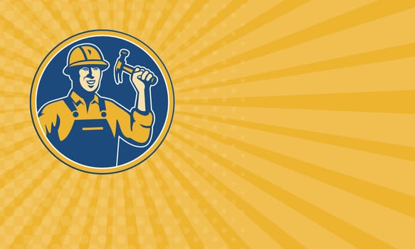 Business card showing illustration of a construction worker tradesman laborer weilding a hammer set inside circle done in retro style.