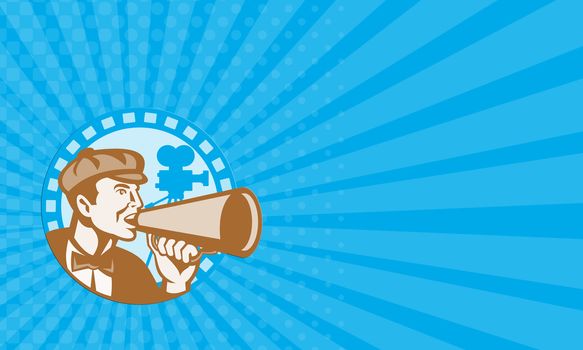 Business card showing illustration of a movie director shouting using bullhorn with vintage film video camera set inside circle with film reel done in retro style.