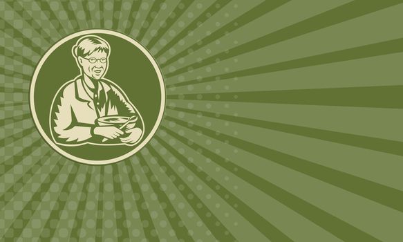 Business card showing illustration of an old senior mature woman granny grandmother cooking with mixing bowl facing front done in retro woodcut style set inside circle.