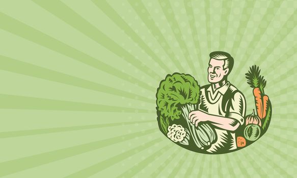 Business card showing illustration of an organic farmer green grocer with leafy green vegetables crop farm harvest done in retro woodcut style.