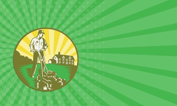 Business card showing illustration of a gardener with lawn mower mowing with residential house in background set inside circle done in retro woodcut style.