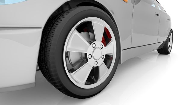 White car on isolated white background, close-up view of wheel