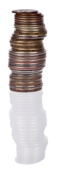 Stack of coins with transparent part on isolated white background