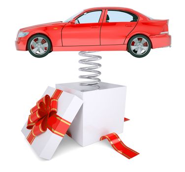 Red car on spring and gift box on isolated white background, side view