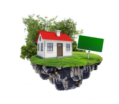 House with sign on island on isolated white background