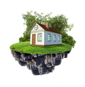 House with brown roof on island on isolated white background
