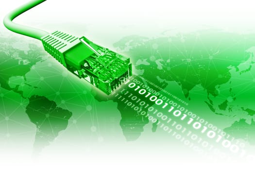 Green computer cable on abstract green background with world map and numbers