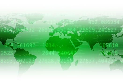 Abstract green background with world map and figures