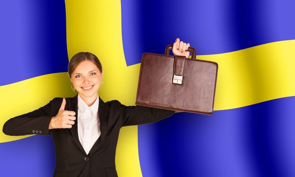 Businesswoman with suitcase on Sweden flag background
