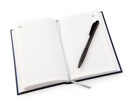 Open notebook with pen on clean sheets, isolated