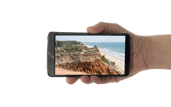 female hand with mobile phone isolated on white with portugal nature