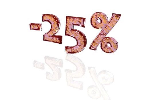 Transparent inscription minus 25 percent with a set of gold signs of percent in it