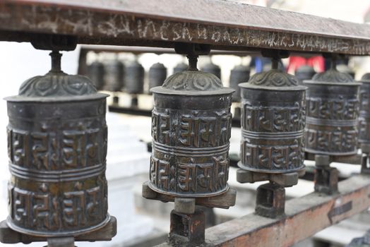 closed up the prayer wheel at temple in Kathmandu, Nepal