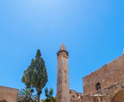 Minaret with a survey platform. Jerusalem old town. Israel