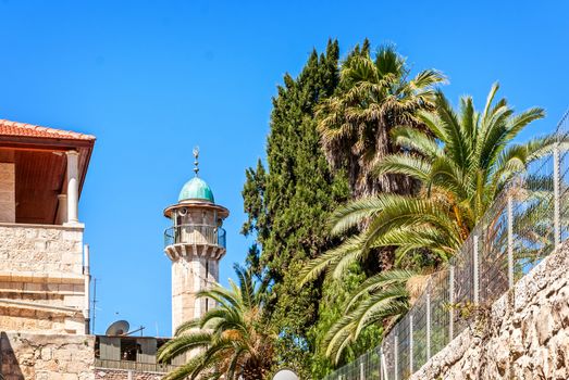 Minaret with a survey platform. Jerusalem old town. Israel