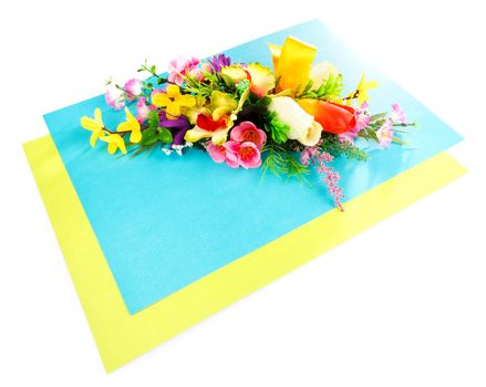 flower arrangement on a blue background with place for label isolated