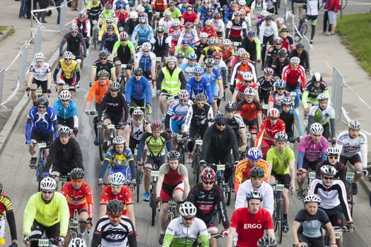 RIGA, LATVIA - MAY 31, 2015: Mass start of Riga Cycling Marathon Folk Distance (31.6km).